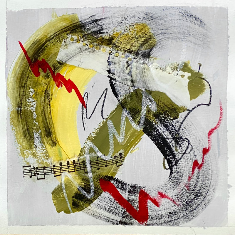 abstract acrylic, music, square, yellow, black white & red