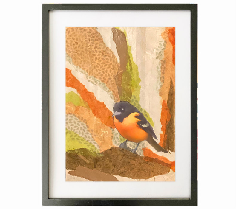 nature, bird, orange green, tan shapes, semi-abstract collage