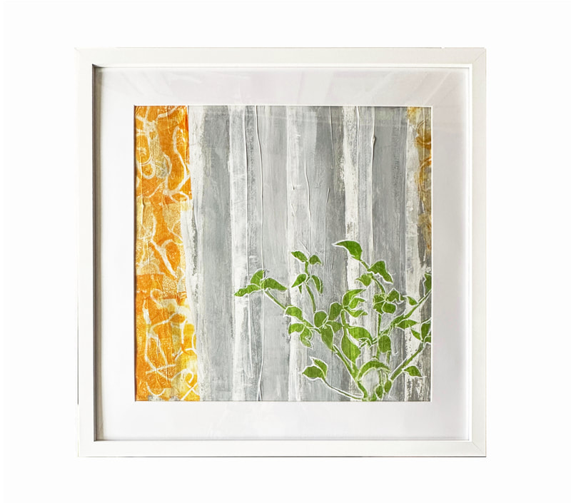 abstract painting with some collage on wood panel. Basil, window plant, botanical, herbs, window curtain.