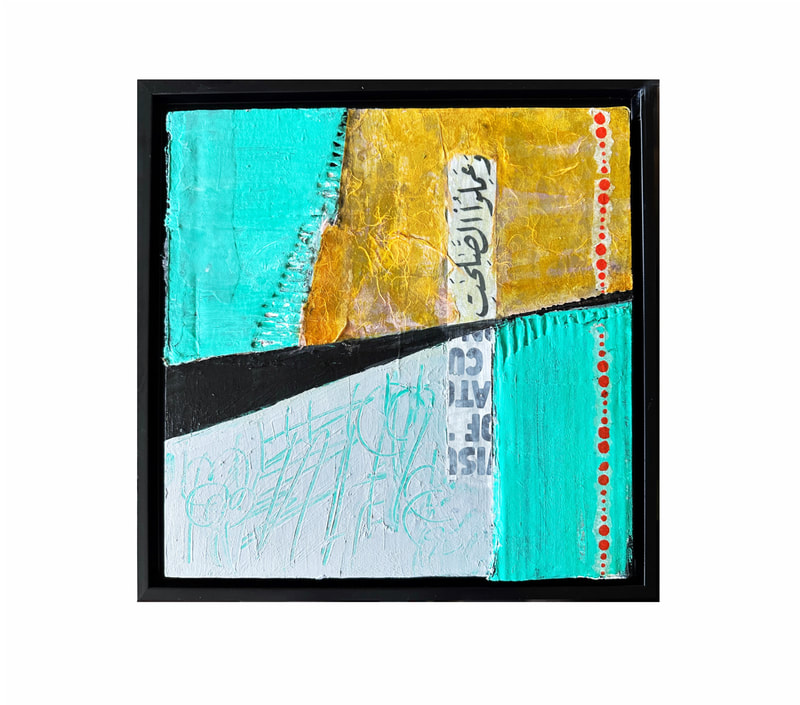 abstract, immigration, borders, arabic, aqua and gold, square, wood panel 
