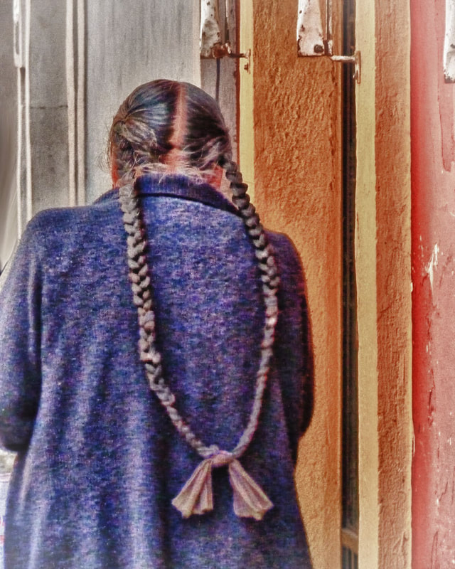 back of woman with long braids, mexico