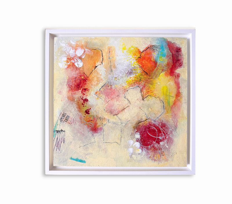 12" abstract painting light colors with maroon and yellow in white float frame.