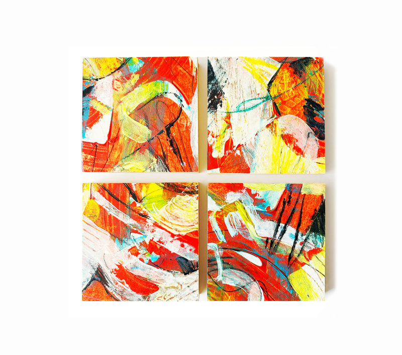 abstract, gestural, expressionist, cheerful, red and yellow, square panels