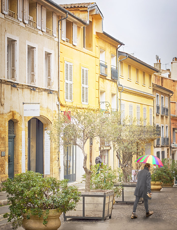 tree-lined street of yellow classical buildings.  Man with rainbow umbrella walking.