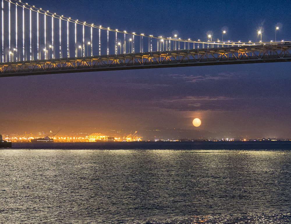 bay bridge, sf bay, moon, moonlight