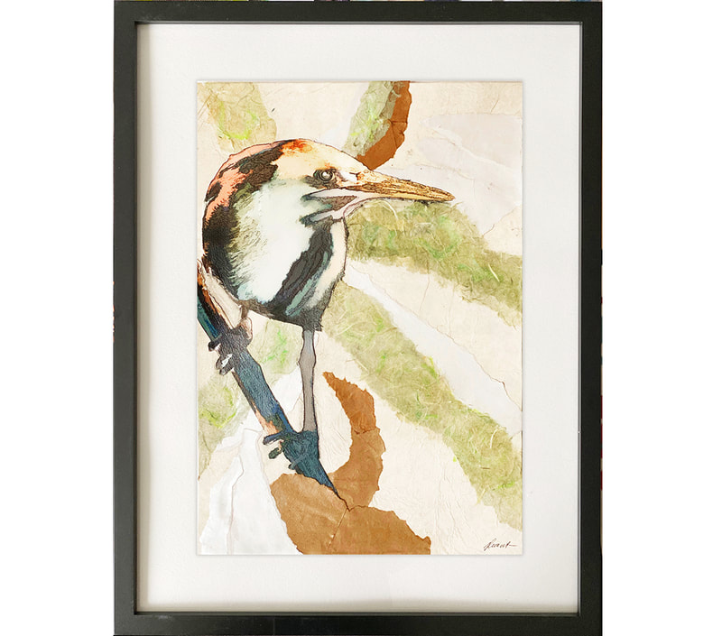 nature, semi-abstract collage, heron, bird, green, tan shapes