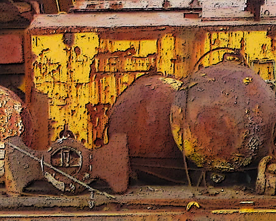 rust, nautical, yellow, brown, peeling paint, barge