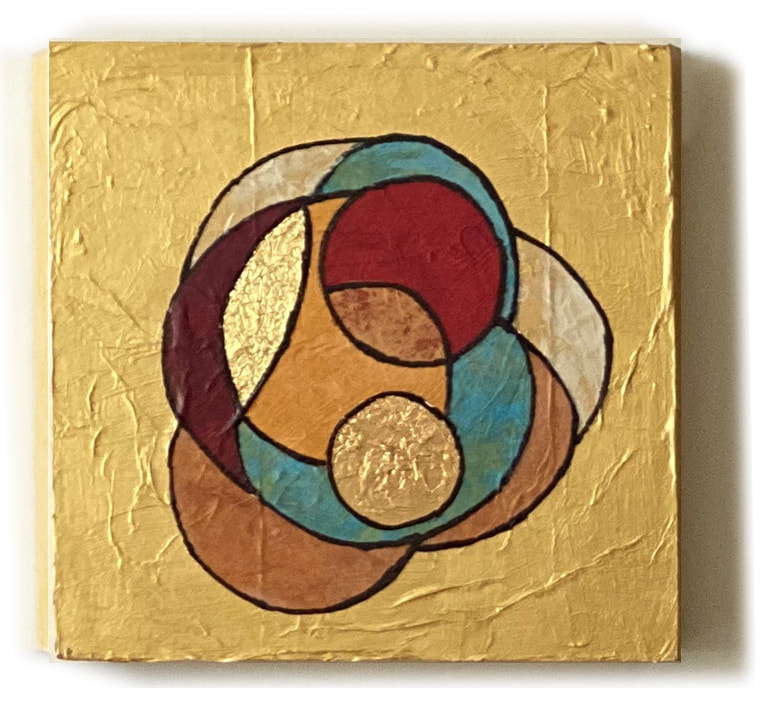 Hugs series, gold acrylic paint, mulberry paper, foil & ink.  Square.