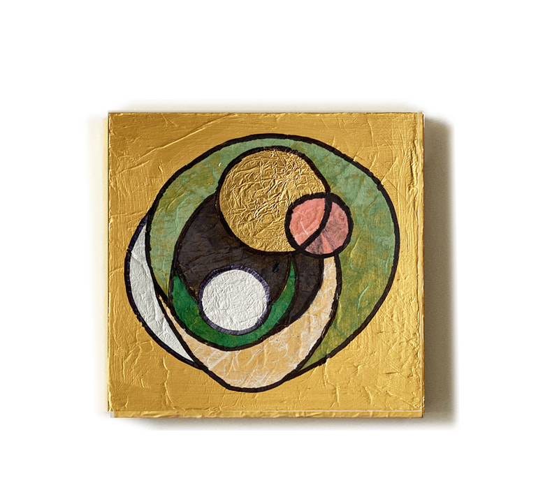 Hugs series, gold acrylic paint, mulberry paper, foil & ink.  Square.