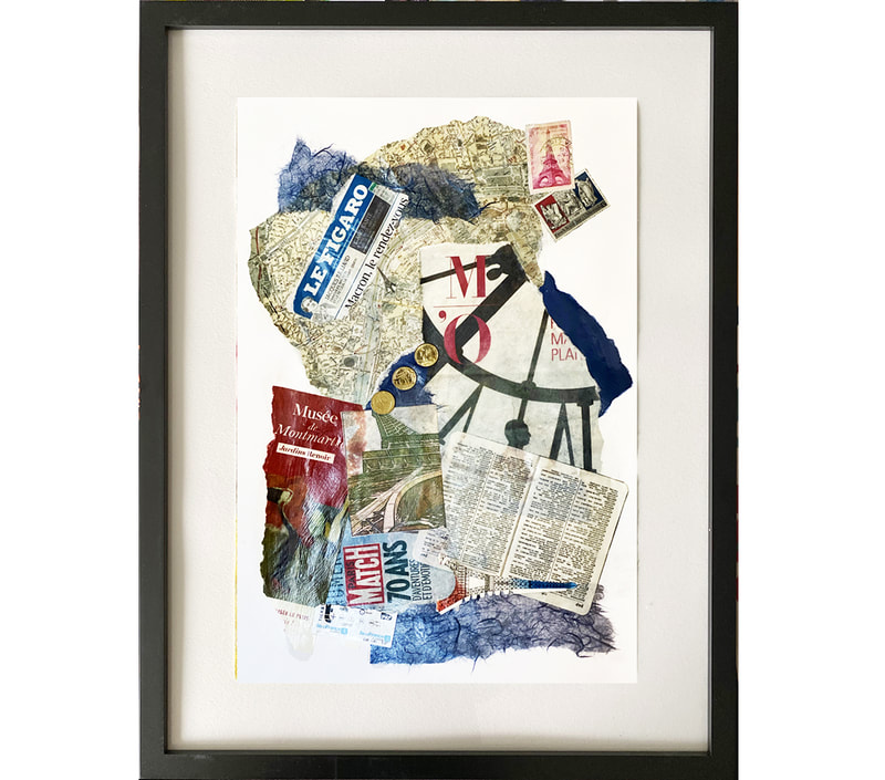 abstract collage, french francs, museo d'orsay, metro, montmartre, dictionary, Eiffel tower,