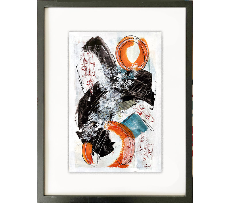 Playful, teal, orange, black abstract on watercolor paper in frame.