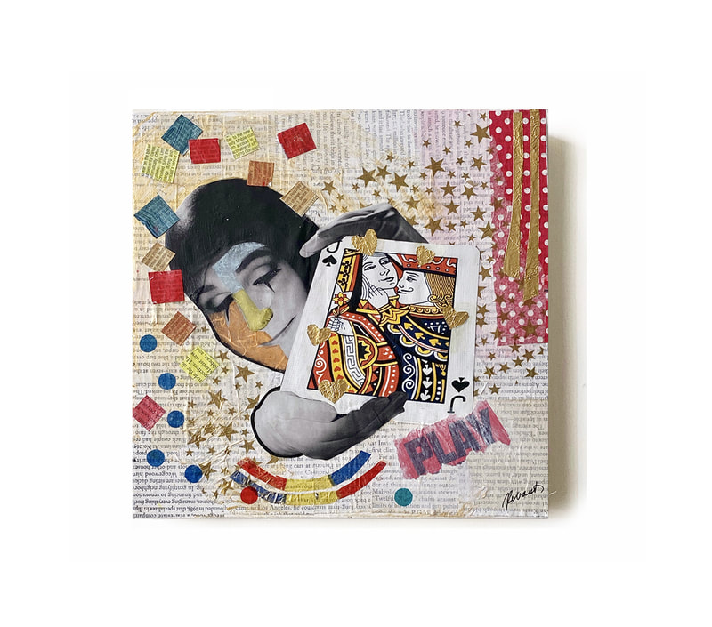 playful abstract collage, square, king and queen, playing cards, primary colors