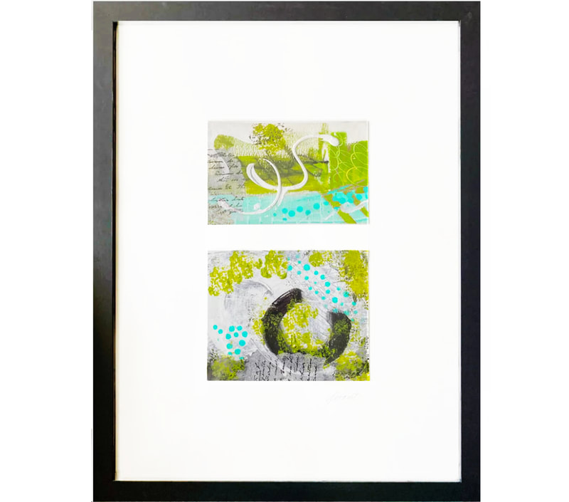 Two small abstracts mounted on watercolor paper in black wood framed, water edge, bubbles, pond