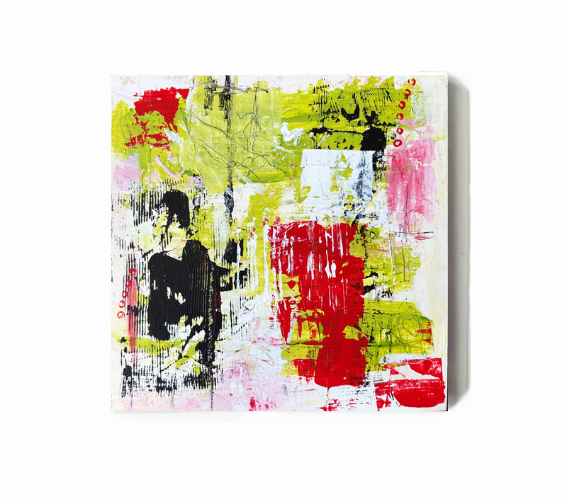 Red, Pink, Lime Green, Dark Gray, Abstract Expressionist.
