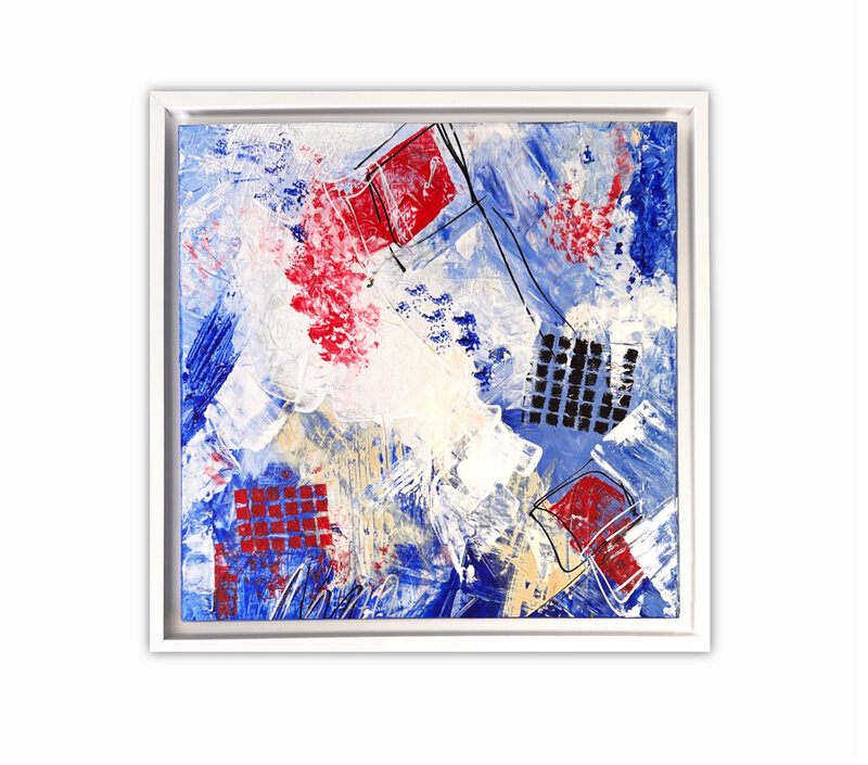 blue,white & red abstract on watercolor paper in frame.  Bastille Day