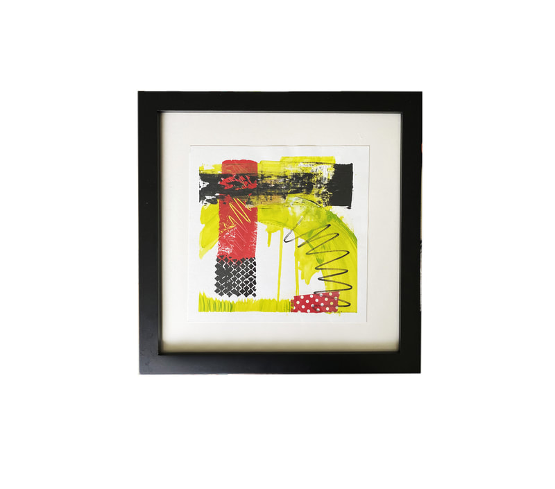small lime green, red and black designs with pain and collage Set of 4