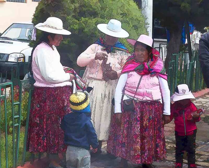 peruvian women, aymara women, bus stop, peru