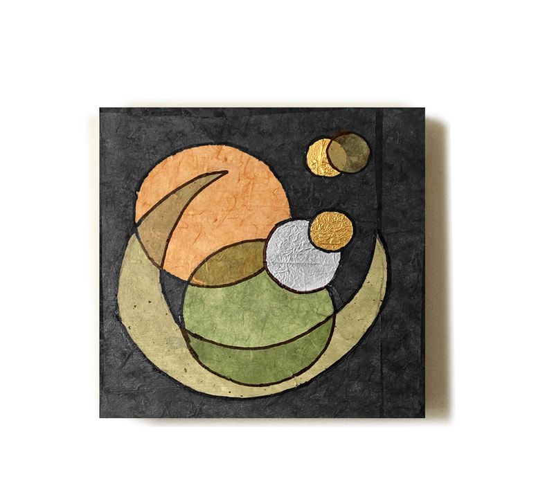 square, foil, mulberry paper, planetary, circles, moon, black