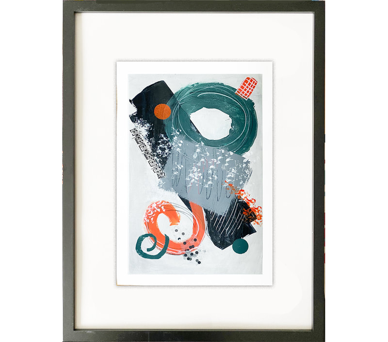 Playful, teal, orange, black abstract on watercolor paper in frame.