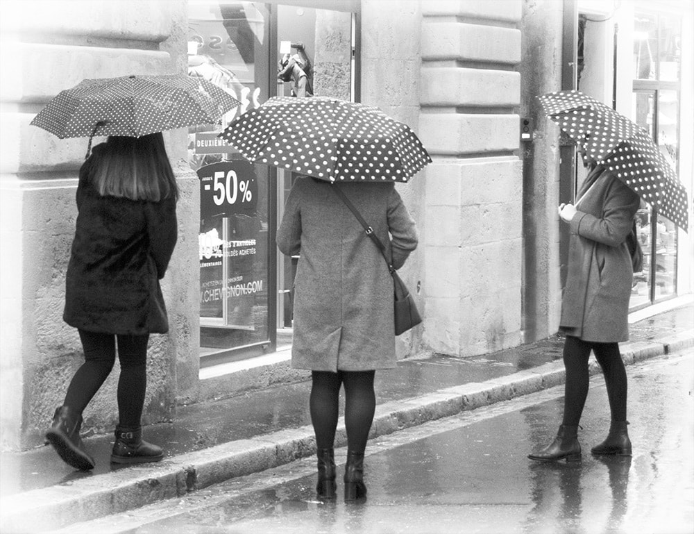 rainy streets, umbrellas, france