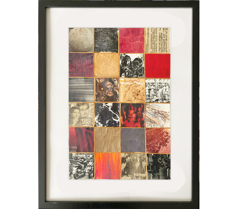 24 squares, collage, red tones