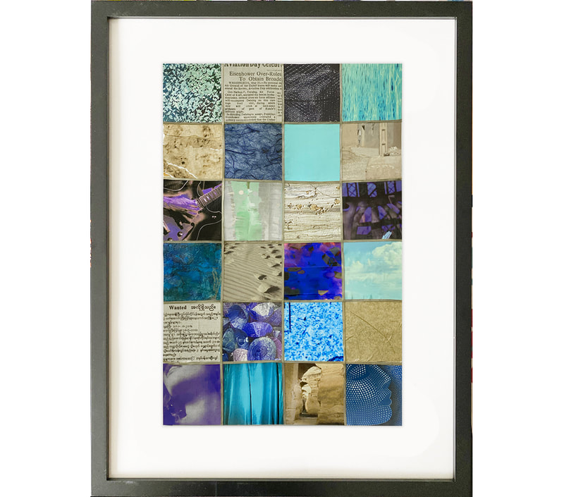 24 squares, collage, blue tones