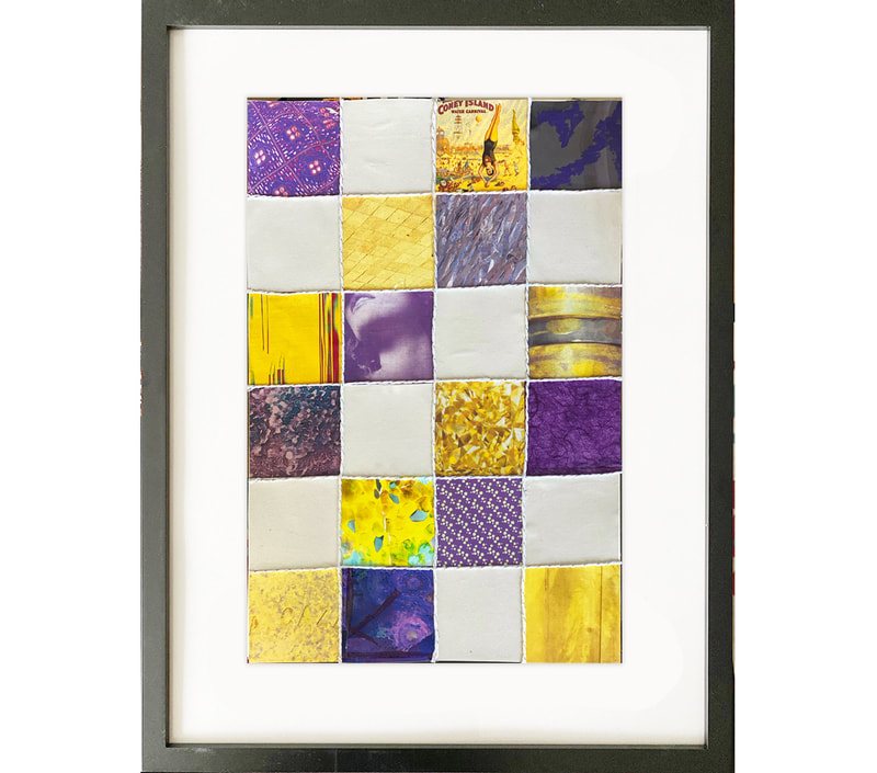 24 squares, collage, yellow and purple tones