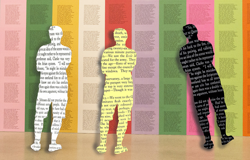 digital montage of people at an exhibition featuring words.