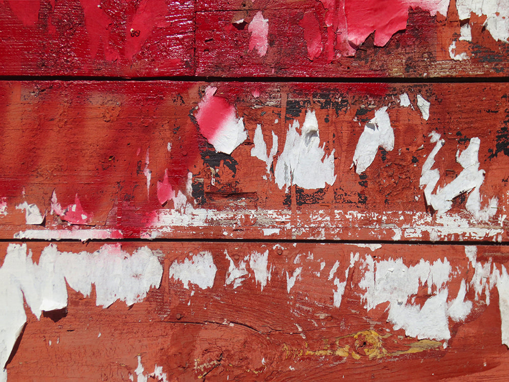red paint, grafitti, peelling paint, siding