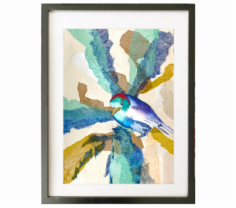 nature, red-headed barbet, bird, blue, aqua, tan shapes, semi-abstract collage