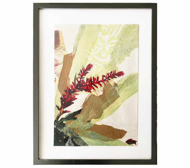 nature, floral, red green and tan, semi-abstract collage.
