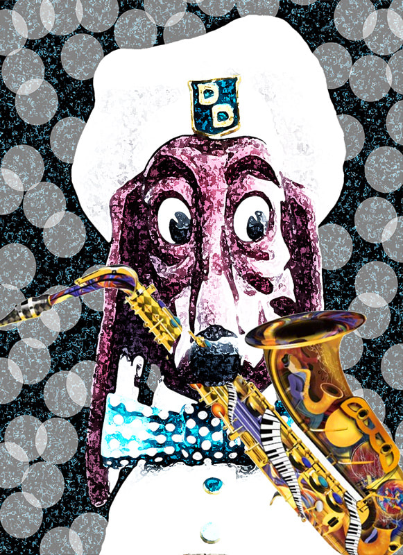 photo montage of doggie diner photo and saxophone clipart with digital background and textures.  photo art