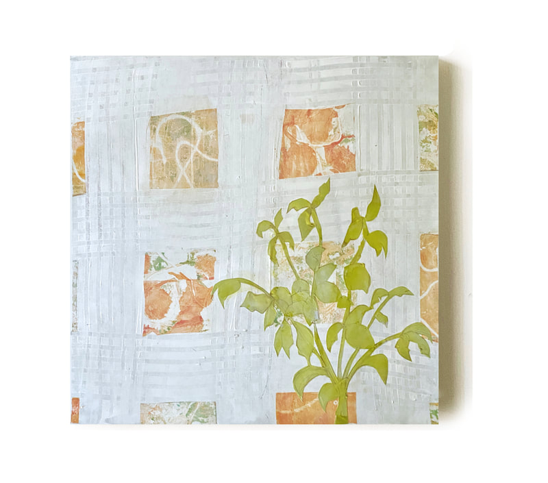 Mixed media - textured acrylic painting with Gelli prints and cutout of hand-drawn basil plant