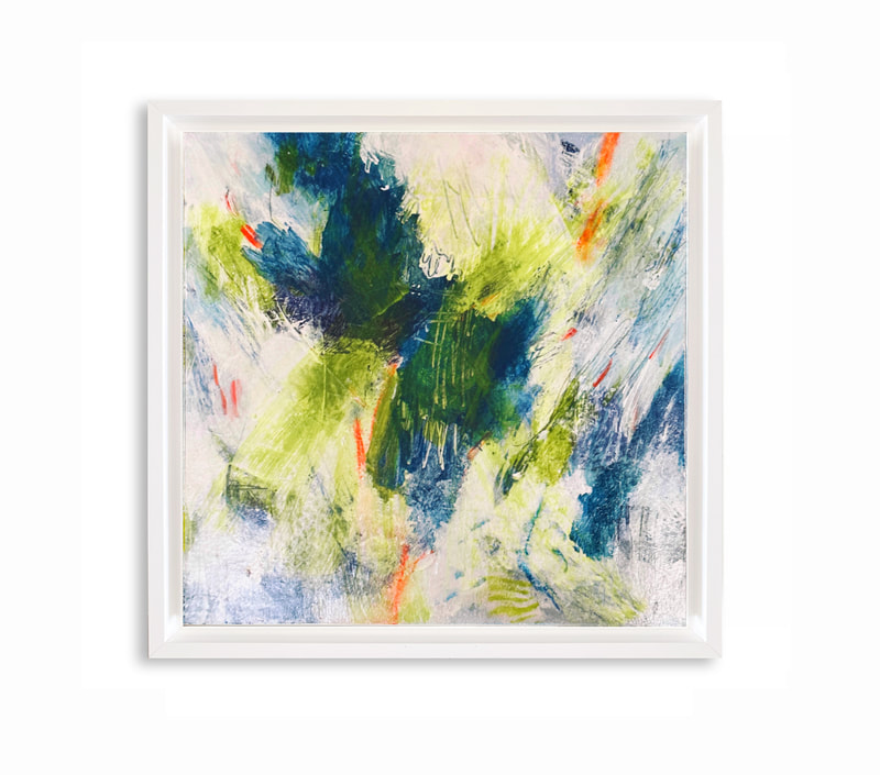 abstract painting, blue and white inspired by storm. In white float frame.