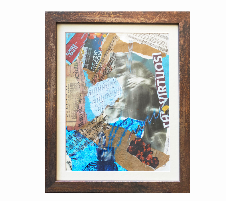 music, collage, bronze, notes, music notation, blue and brown,