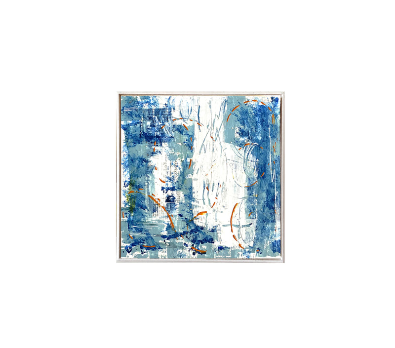 10" square abstract on wood panel in white wooden float frame.