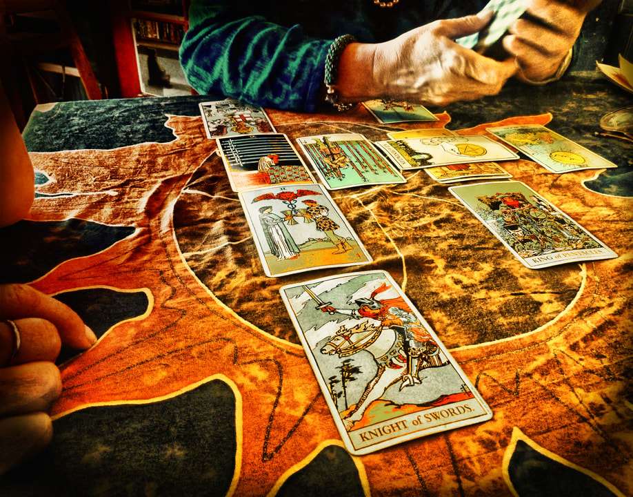 tarot, cards, orange, hands