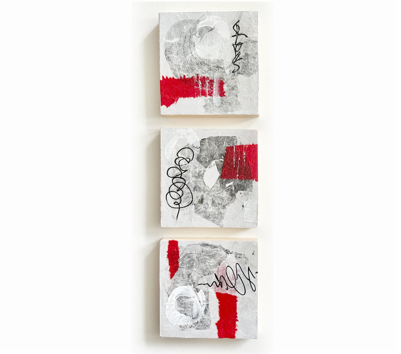 triptych, wood panels, black white and red, graffiiti, mulberry paper, small art