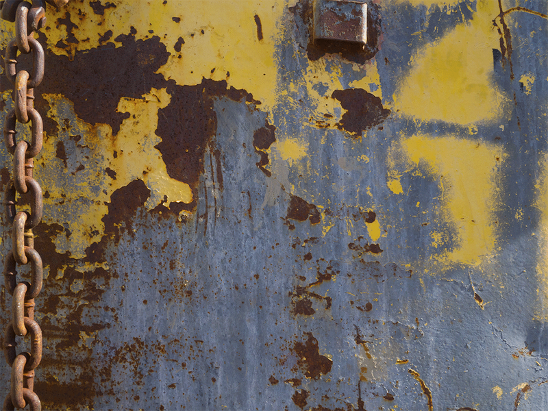rust, peeling paint, yellow and blue