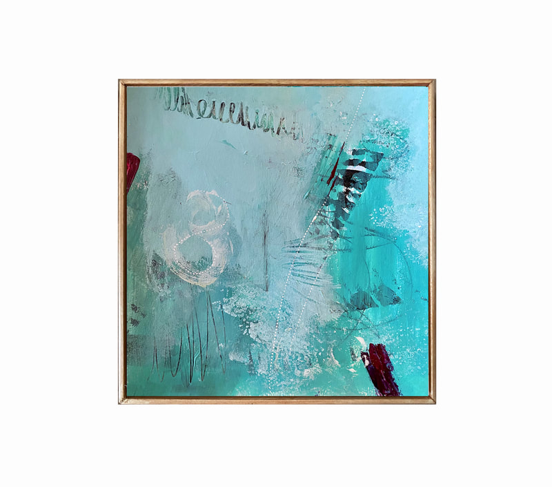 10" square abstract on wood panel in wooden float frame.