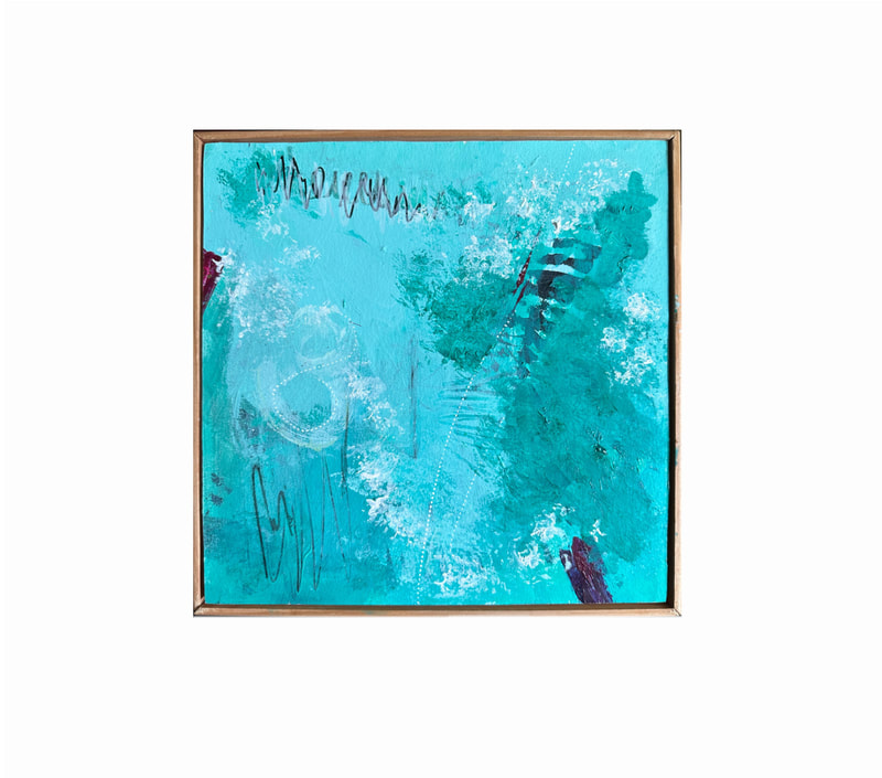 10" square abstract on wood panel in wooden float frame.