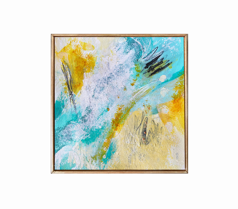 10" square abstract on wood panel in wooden float frame. the sea, water, under water, ocean, bubbles