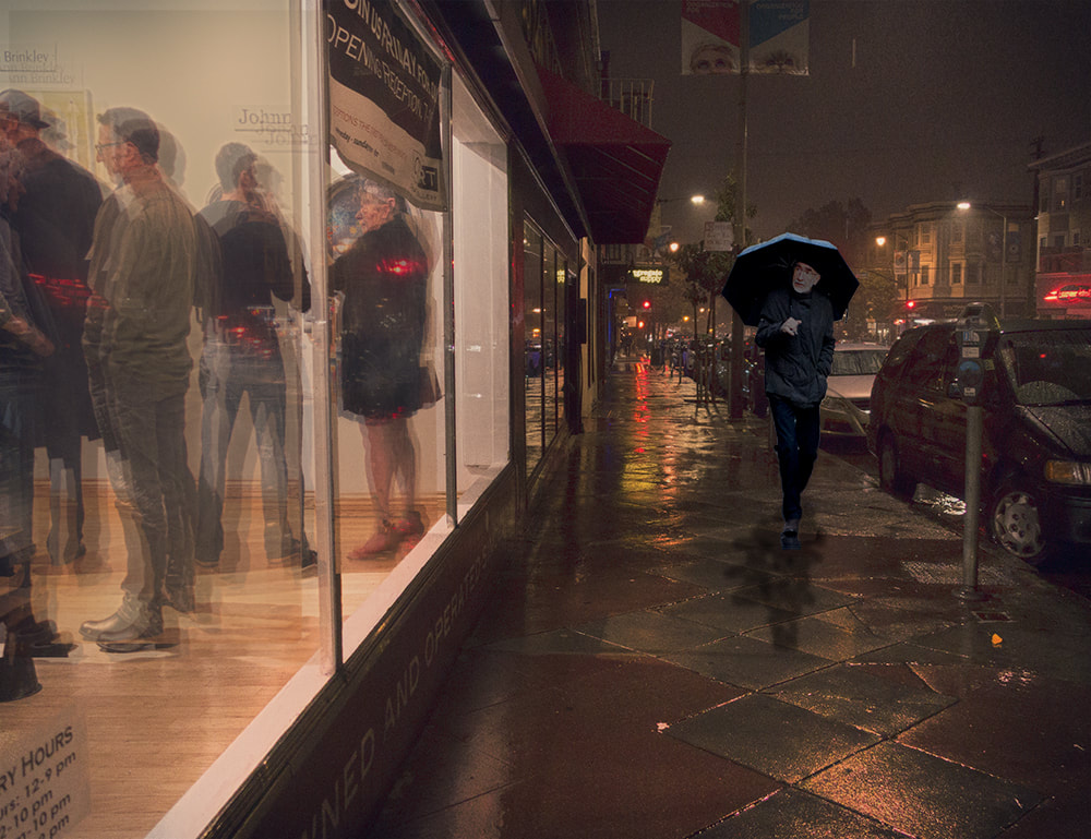 rainy sidewalks, urban, man with umbrella, night scene, San Francisco