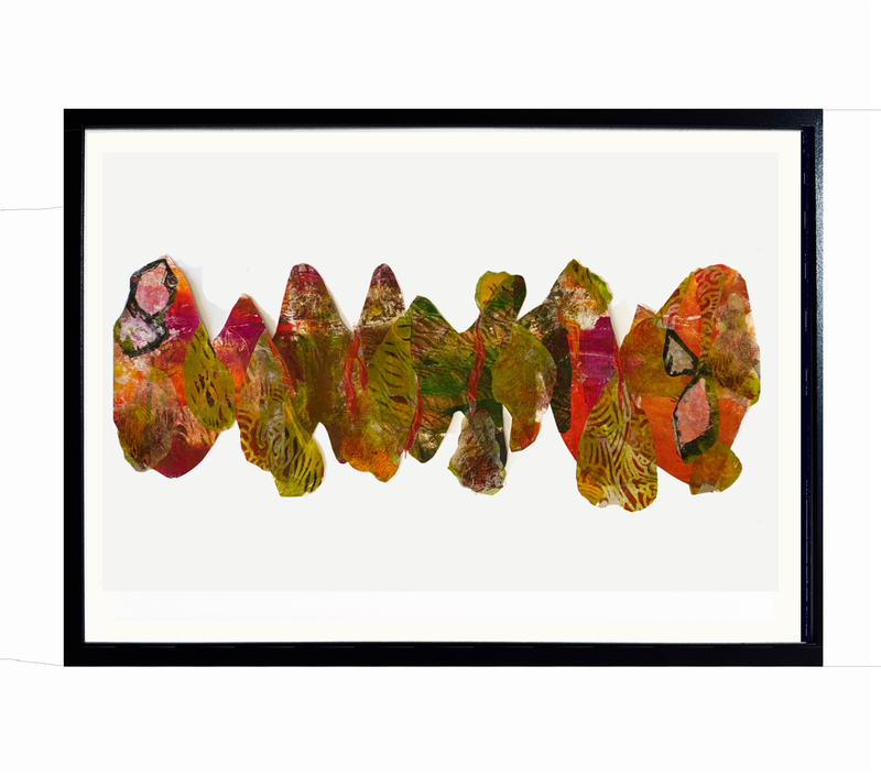 Monoprint, gel print, gelli plate, seasons, abstract collage, autumn colors, women, whimsey, abstract